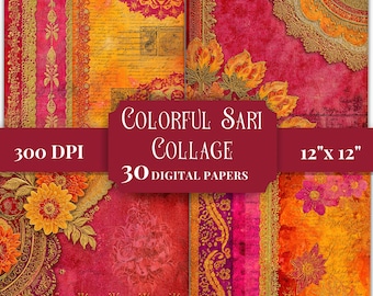 Puede incluir: Una colección de 30 papeles digitales con un collage de sari colorido en tonos rojo, naranja y dorado. Los gráficos incluyen patrones de mandala intrincados, motivos florales y texto manuscrito, midiendo 30,48 cm por 30,48 cm.