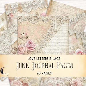 Cartas de amor antigas e papel digital de renda, itens de diário vintage, fundos de scrapbook para impressão, páginas de preenchimento com flores rosas românticas