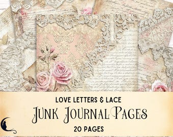 Antique Love Letters & Lace Digital Paper, Vintage Junk Journal Ephemera, Printable Scrapbook Backgrounds Romantic Pink Flowers Filler Pages