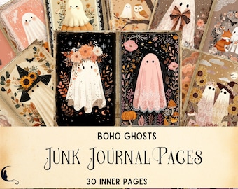 May include: A collection of rectangular junk journal pages featuring various illustrations of ghosts, flowers, pumpkins, and woodland animals in a muted color palette. The text BOHO GHOSTS JUNK JOURNAL PAGES 30 INNER PAGES is printed in black.
