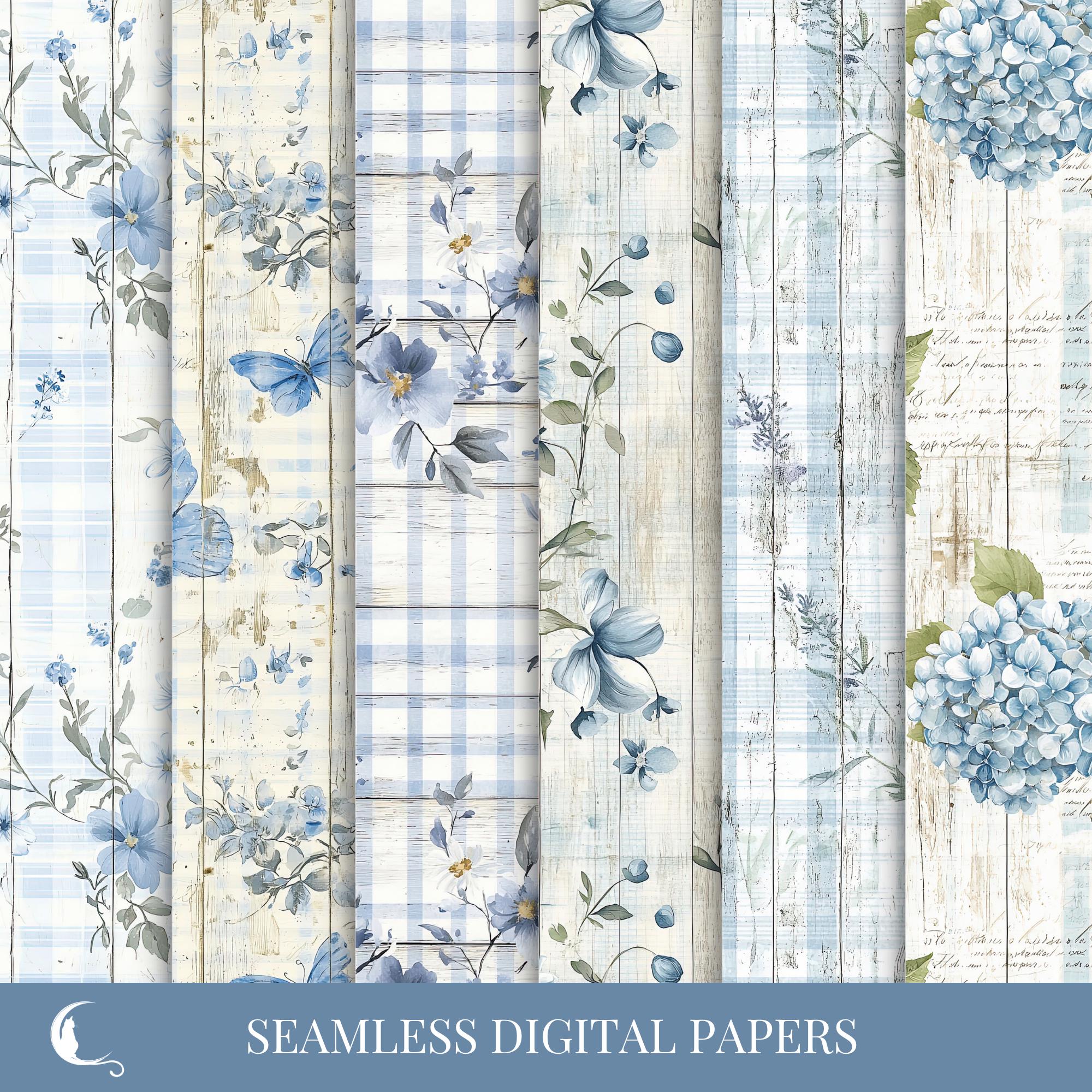 Seamless Rustic Blue Floral Pattern Gingham Wood Vintage Digital Paper ...