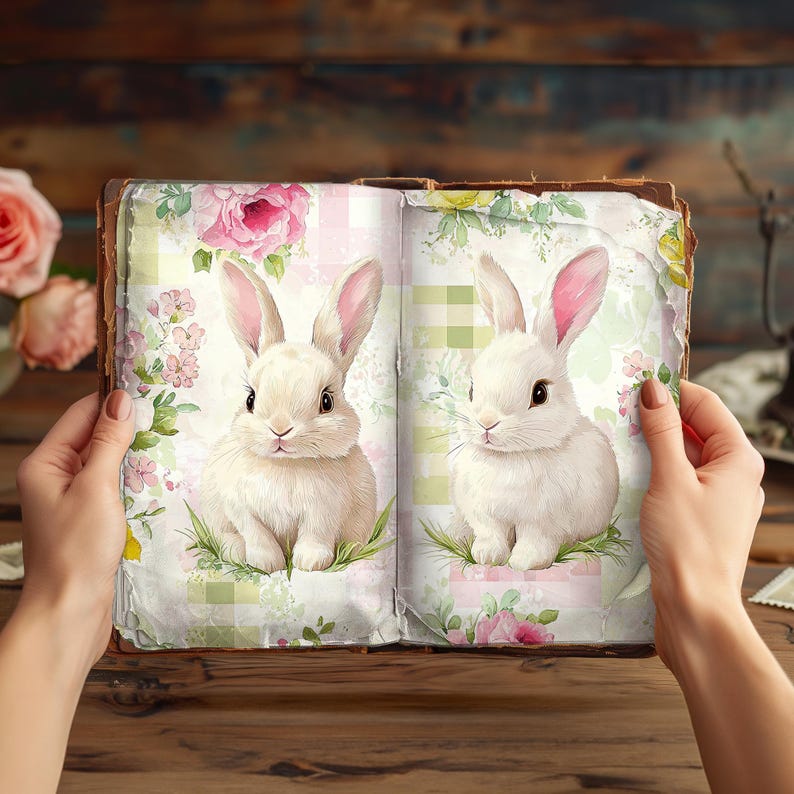 May include: An open book with a floral design on the pages. Two white bunnies with pink noses are pictured on the pages. The book is closed with a hand on each side of the book.