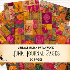 Colagem de retalhos indianos vintage, diário de recortes vintage, itens florais para impressão, cores da Índia, retalhos de sari, materiais têxteis para artesanato