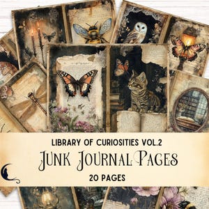 Könnte beinhalten: Eine Sammlung von Junk-Journal-Seiten im Vintage-Stil. Die Seiten zeigen Illustrationen von Schmetterlingen, Bienen, einer Eule, einer Katze und einer Libelle. Der Text "Library of Curiosities Vol.2" und "Junk Journal Pages" ist zu sehen.