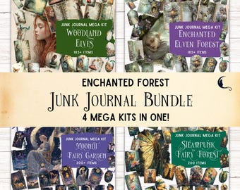 Enchanted Elven Forest Junk Journal Kit Bundle, Fantasy Digital Scrapbook Papers, Woodland Fairy Folio Pocket Ephemera,  DIY Craft Supplies