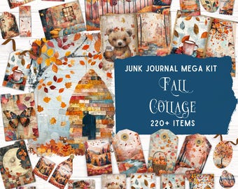 Fall Mixed Media Collage Junk Journal Kit, Printable Autumn Folio Pocket, Digital Scrapbook Paper & Ephemera
