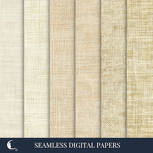 May include: A collection of seven digital paper textures in varying shades of beige and tan. The textures mimic the look of burlap and woven fabric. The bottom of the image features the text "SEAMLESS DIGITAL PAPERS" in white against a dark blue background.