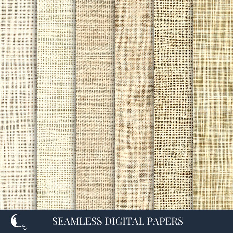 May include: A collection of seven digital paper textures in varying shades of beige and tan. The textures mimic the look of burlap and woven fabric. The bottom of the image features the text "SEAMLESS DIGITAL PAPERS" in white against a dark blue background.