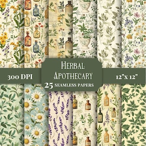 Padrões sem emendas de ervas, scrapbooking de papel digital de boticário, colagem de fundos botânicos vintage para impressão, itens efêmeros, diário de lixo JPG