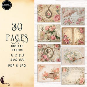 Op de afbeelding: Een collectie van 30 digitale papieren met vintage illustraties van roze rozen, sierlijke lijsten, parfumflesjes, een parasol, een waaier en een grammofoon op verouderd perkament met tekst, van 27,9 bij 21,6 cm.