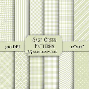 Paquet de papier numérique vert sauge, motifs sans couture, carreaux, vichy, pied-de-poule, rayures, papier de scrapbooking, arrière-plans imprimables, usage commercial