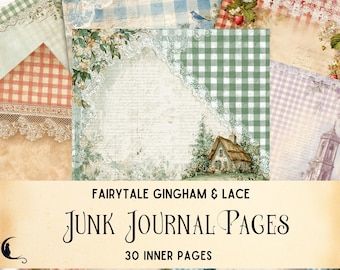 Cottagecore Fairytale Gingham & Lace Junk Journal Kit, Printable Background Pages, Enchanted Scrapbook, Whimsical Storybook Craft Supplies