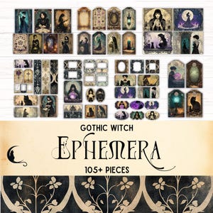 Kit de itens efêmeros para diário de bruxa gótica, etiquetas para itens efêmeros de bruxaria para impressão, materiais para scrapbook vintage, grimório digital, estética sombria