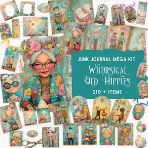 Skurril alte Hippies Junk Journal Kit, druckbares Folio Kit, niedliche Cartoon alte Dame Ephemera, buntes digitales Papier, Retro Oma Sammelalbum