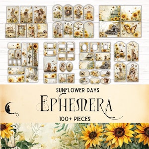 Sunflower Junk Journal Efemere Kit, Afdrukbare Shabby Chic Efemere Tags, Cottagecore Digitale Scrapbooking Benodigdheden Rustieke Boerderij Tags