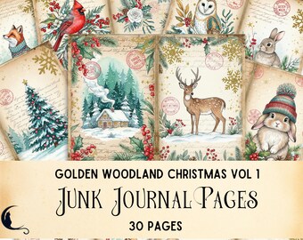 May include: A collection of Golden Woodland Christmas Vol 1 junk journal pages featuring vintage-style illustrations of a cardinal, owl, fox, rabbit, deer, and a snowy cabin, accented with gold snowflakes, holly, and red postal stamps on aged paper.