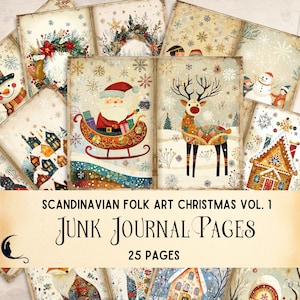 Pagine di diario natalizio scandinavo, carta per scrapbooking digitale con arte popolare, carta per lavoretti di arte popolare svedese, effimeri natalizi
