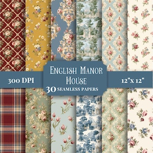 Puede incluir: Una colección de 30 papeles digitales sin costuras titulada English Manor House, 300 DPI, 30,48 cm x 30,48 cm. Los patrones presentan motivos florales, diseños de damasco, paisajes de toile y cuadros en tonos rojo, azul, verde y crema.