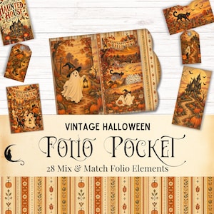 May include: A collection of Halloween-themed paper ephemera including a central folio pocket, gift tags, and rectangular cards featuring illustrations of ghosts, pumpkins, black cats, and haunted houses with the text VINTAGE HALLOWEEN FOLIO POCKET.