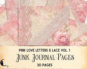 Antique Love Letters & Lace Digital Paper, Vintage Junk Journal Ephemera, Printable Scrapbook Backgrounds Romantic Pink Flowers Filler Pages