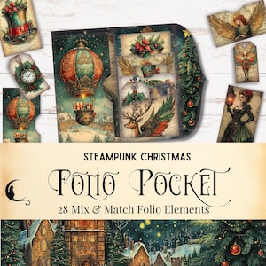 Steampunk Christmas Junk Journal Folio Kit, afdrukbare zakephemera, opvouwbare foliokit, vintage kortstondige, unieke cadeauartikelen voor de feestdagen