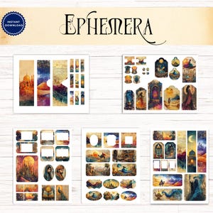 May include: A digital collection of printable ephemera featuring five sheets of assorted paper cutouts. The designs include bookmarks, gift tags, labels, and frames with illustrations of desert landscapes, palaces, camels, and figures in warm tones.