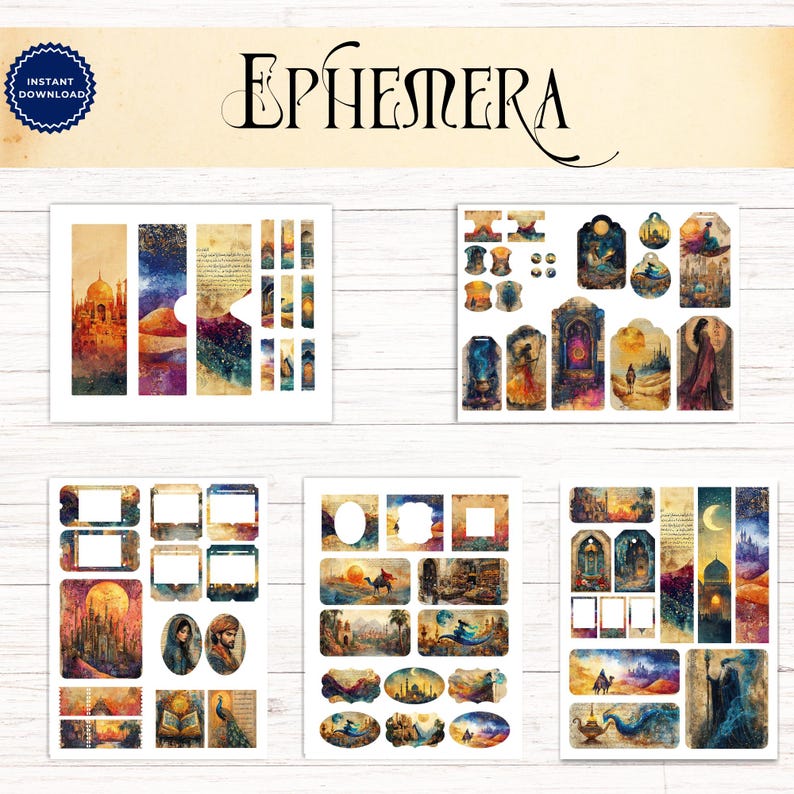 May include: A digital collection of printable ephemera featuring five sheets of assorted paper cutouts. The designs include bookmarks, gift tags, labels, and frames with illustrations of desert landscapes, palaces, camels, and figures in warm tones.