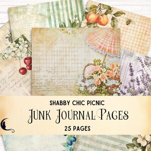 Picknick Junk Journal Kit, Shabby Chic Ephemera Summer Scrapbook, Vintage Gingham Fruit Afdrukbare digitale achtergrondpagina's DIY Craft Supplies