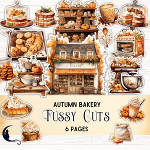 Könnte beinhalten: Eine Sammlung von herbstlichen Bäckerei-Aufklebern mit Kuchen, Keksen, einer Küchenmaschine, einem Ofen, einer Kaffeetasse und einem Ladenlokal mit dem Text AUTUMN BAKERY FUSSY CUTS 6 PAGES, inklusive Kürbissen und herbstlichem Laub.