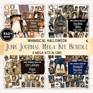 Whimsical Halloween Junk Journal Kit Bundle, Spooky Retro Ephemera, Printable Folio Pocket, Vintage Cute Ghosts, Haunted DIY Craft Supplies