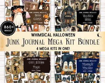 May include: A digital junk journal mega kit bundle featuring four distinct Halloween-themed collections: Boho Ghosts, Haunted Hotel, Cozy Autumn Magic, and Midnight Mischief. The set includes over 860 images, tags, and illustrations of ghosts, pumpkins, and spooky scenes.