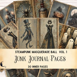 Kit de diário de viagem para baile de máscaras steampunk, itens góticos de Halloween para imprimir, papel de scrapbook vintage assustador e assombrado, materiais para artesanato faça você mesmo