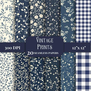 Navy Blue Vintage Prints Digital Paper Pack, Seamless Patterns for Scrapbooking, Printable Floral Junk Journal Backgrounds