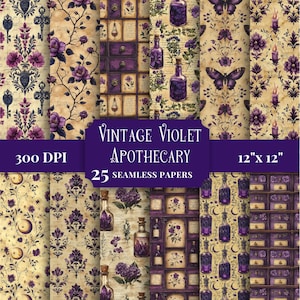 Padrões de ervas bruxas sem costura vintage boticário papel digital scrapbook imprimível roxo botânico pergaminho fundos lixo diário JPG