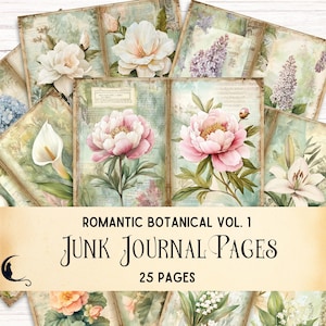 Journal botanique romantique indésirable, floral imprimable, album de fleurs botaniques vintage, imprimable inspiré de la nature, shabby chic éphémère lys
