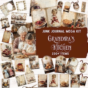 May include: A junk journal mega kit titled Grandma's Kitchen with 230+ items featuring vintage-style paper ephemera, tags, and cards. The collection displays illustrations of baking, kitchen scenes, pies, cookies, and children in aprons.