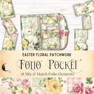 Kit folio pour journal de Pâques en patchwork floral vichy de Pâques, folio pliable imprimable, éphémère vintage de lapin de fleurs de printemps, shabby chic