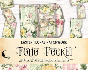 Easter Gingham Floral Tartan Patchwork Junk Journal Folio Kit, Printable Folding Folio, Spring Flowers Bunny Vintage Ephemera, Shabby Chic