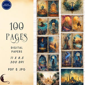 May include: A digital collection of 100 pages featuring artistic illustrations of Middle Eastern architecture, desert landscapes, camels, and magical elements. The text includes 100 PAGES, DIGITAL PAPERS, 11 X 8.5, 300 DPI, PDF & JPG.