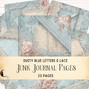 Papel digital con cartas de amor antiguas y encaje, efímeras vintage para diarios basura, fondos imprimibles para álbumes de recortes, páginas románticas de relleno en azul polvoriento.