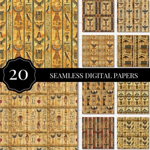 May include: A collection of 20 seamless digital papers featuring ancient Egyptian motifs, including hieroglyphics, winged deities, birds, and eyes of Horus in shades of gold, brown, and black. The text 20 SEAMLESS DIGITAL PAPERS is displayed.