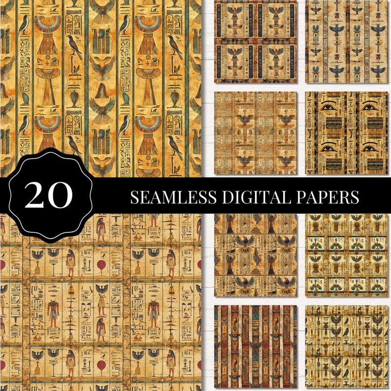 May include: A collection of 20 seamless digital papers featuring ancient Egyptian motifs, including hieroglyphics, winged deities, birds, and eyes of Horus in shades of gold, brown, and black. The text 20 SEAMLESS DIGITAL PAPERS is displayed.