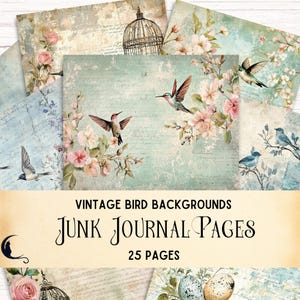 Páginas de diário vintage chiques e surradas com pássaros, itens vintage para impressão, fundo digital para scrapbooking, folhas de colagem, materiais para artesanato