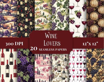 Naadloos patroon voor wijnliefhebbers, digitaal papierpakket met wijnthema, printbare scrapbookbenodigdheden, herhalend ontwerp voor doe-het-zelf knutselprojecten, JPG voor commercieel gebruik