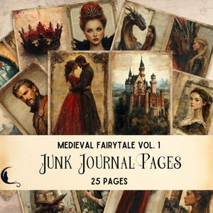 中世のおとぎ話のジャンクジャーナル、ファンタジースクラップブッキング用品、ビンテージのおとぎ話のデジタルペーパー、魔法のエフェメラ、気まぐれなペーパークラフト