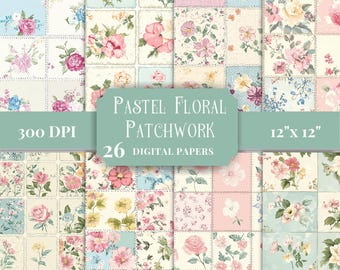 Pastel Floral Patchwork Digital Paper, Vintage Cottagecore Backgrounds, Spring Flowers Patterns, Scrapbooking, Junk Journals, Craft Supplies