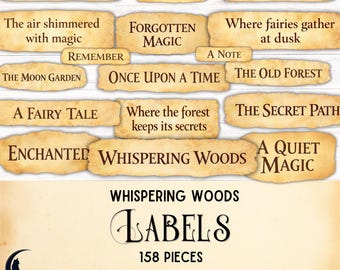 May include: A collection of 158 rectangular paper labels with torn edges and a parchment texture. The labels feature dark brown text including phrases like Forbidden Path, Secret, Keep This Safe, Forgotten Magic, and Whispering Woods Labels.