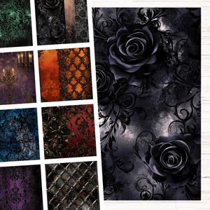 May include: A digital paper pack with nine different patterns featuring black roses, ornate designs, and a gothic aesthetic.