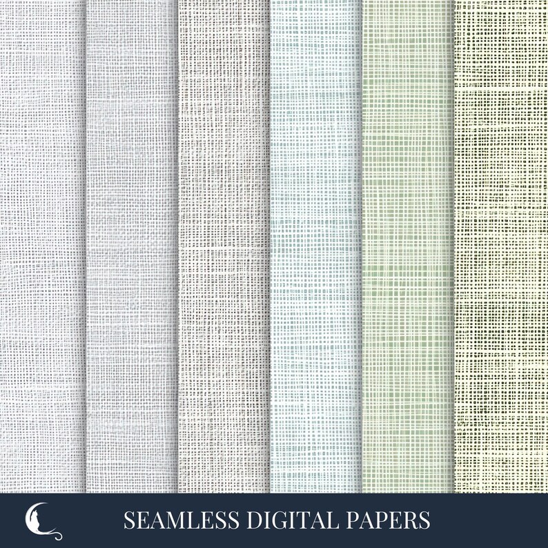 May include: A collection of seamless digital papers in various neutral tones. The papers feature a textured, woven appearance, with colors ranging from white and gray to pale blue and green. The image includes the text "SEAMLESS DIGITAL PAPERS".