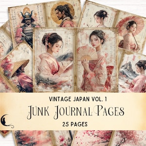 Vintage Japan Printable Pages, Samurai Junk Journal, Vintage Japanese Ephemera, Cherry Blossom Digital Paper, Unique Scrapbook Supplies